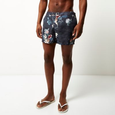 Navy printed buckle swim shorts